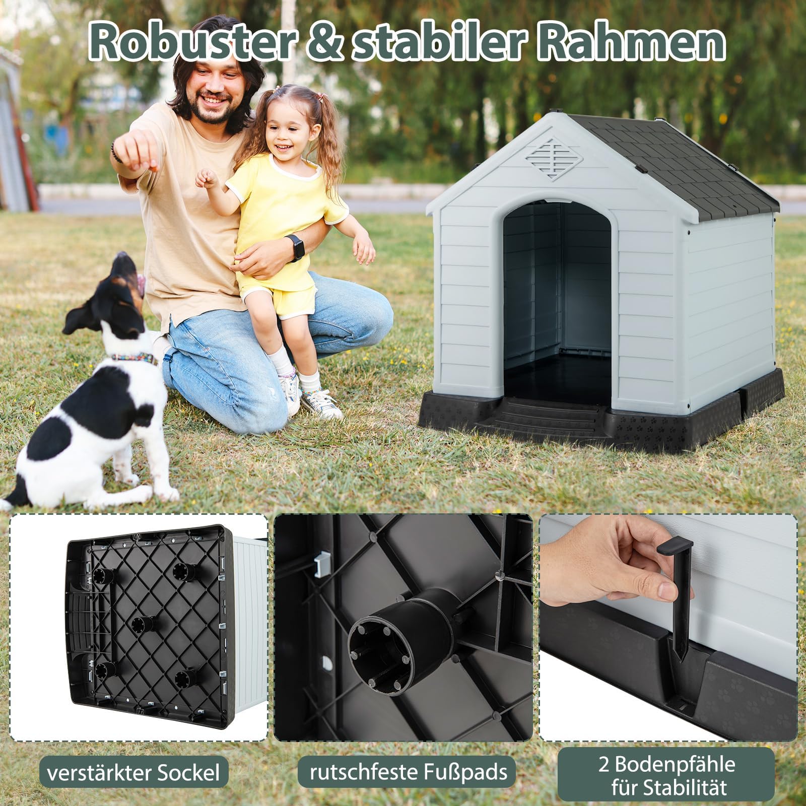 FANTASK Cuccia per cani per esterni, in plastica, con fondo rialzato e tetto impermeabile, impermeabile, per giardino, interni ed esterni, 70 x 65 x 71,5 cm, colore: grigio