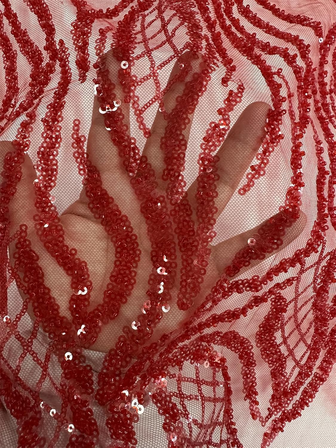 Shiny Sequins French Tulle Net Lace Fabric for Wedding Dress Ladies Gown 5 Yards Per Lot (Red,5 Yards)