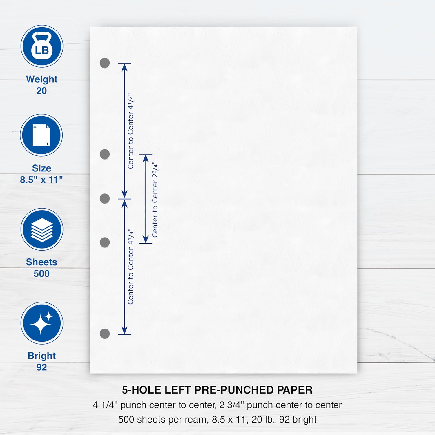 PrintWorks Professional 5 Hole Punch Left Paper - Pre-Punched for Folders & Binders - Made in the USA - 500 Sheets - 8.5" x 11" - 20 lb - 92 Bright White (04340)