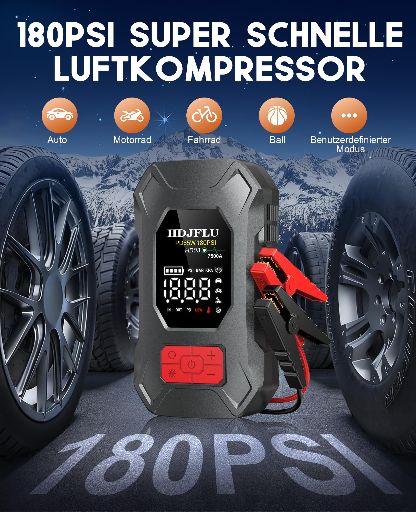 7500A con compressore d'aria da 180PSI, ricarica rapida da 65W, batteria portatile per auto da 24000mAh, gonfiatore di pneumatici da 12V (per benzina e diesel fino a 10L), luce LED