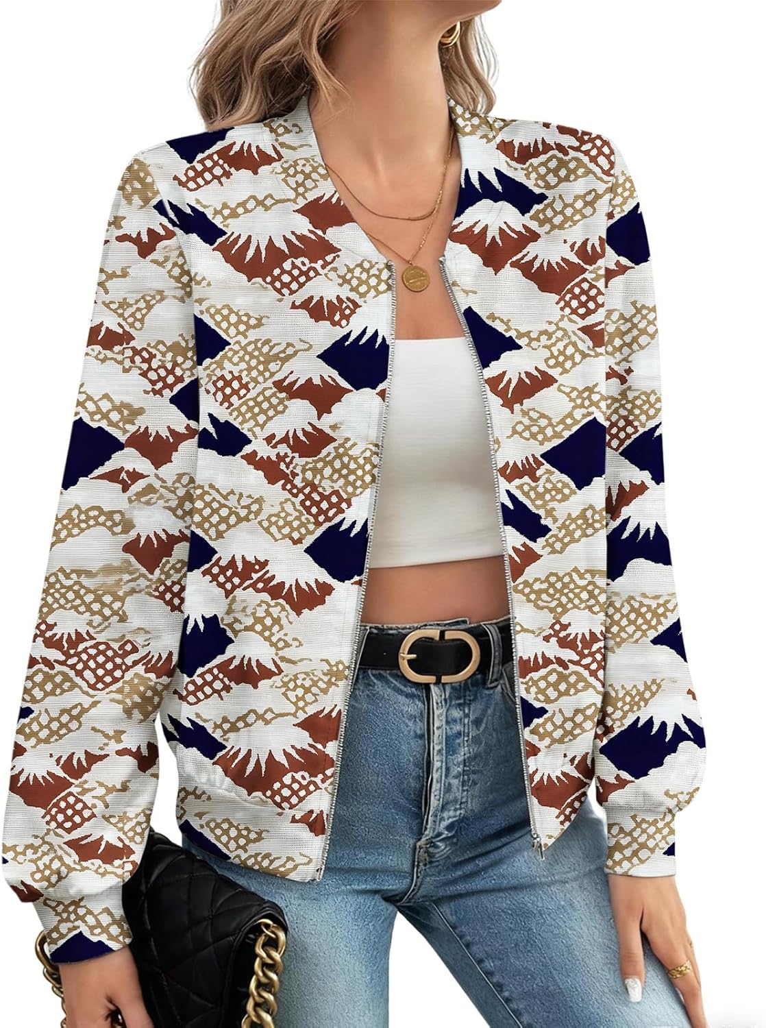 LIZALIG Women's Floral Print Bomber Jacket Casual Vintage Zip Coat Lightweight Long Sleeve Outwear Tops Windbreaker - Image 2