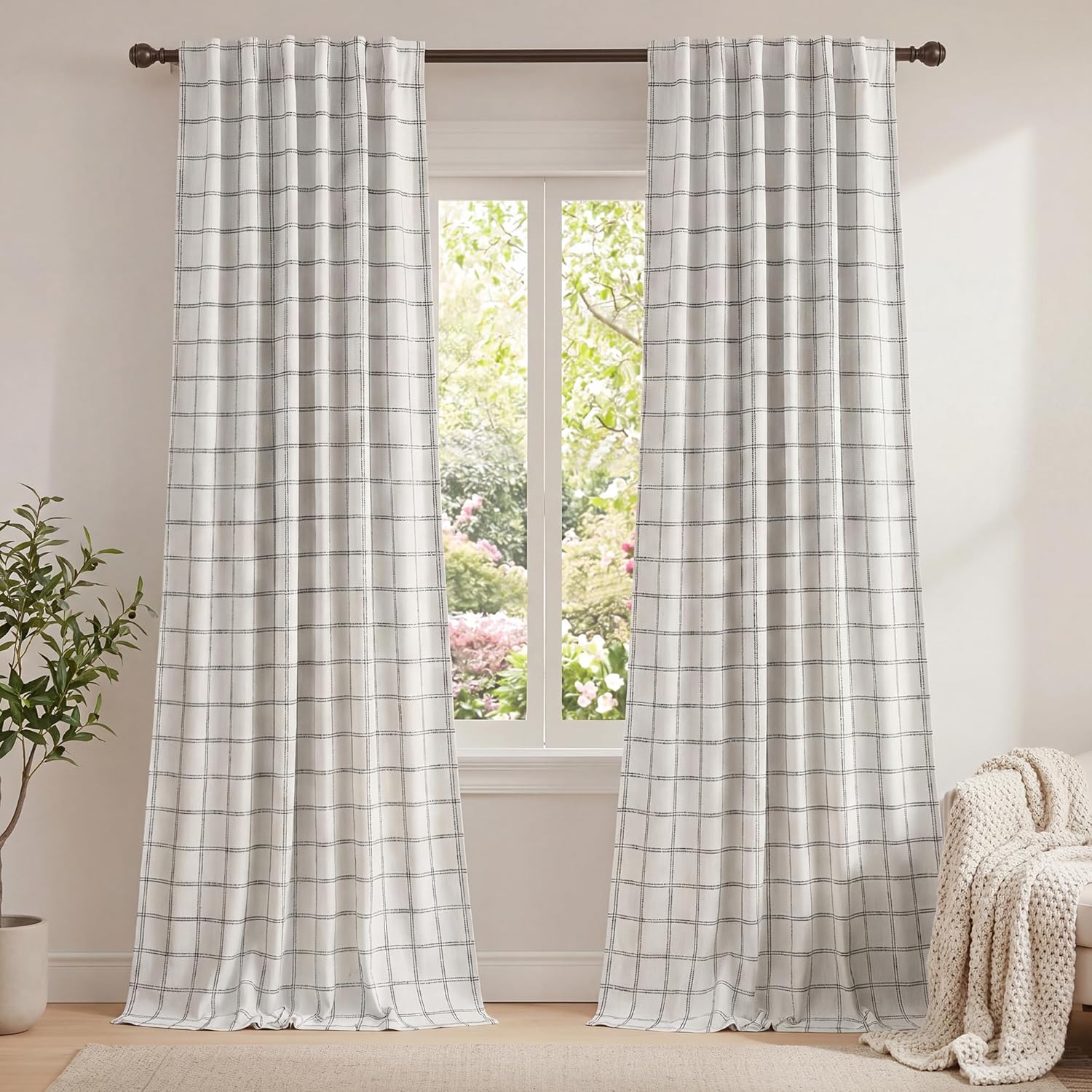 NICETOWN 100% Blackout Plaid Curtains for Bedroom 2 Panels, Linen 2-Layer Gingham Drapes for Living Room 84 Inches Long, Farmhouse Thermal Insulated Curtains Rod Pocket Back Tab, White, 52W x 84L