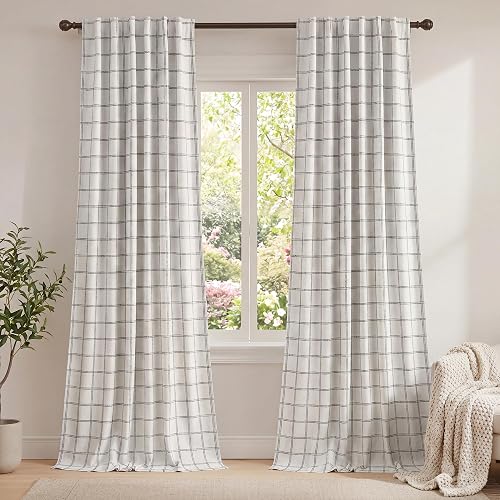 NICETOWN 100% Blackout Plaid Curtains for Bedroom 2 Panels, Linen 2-Layer Gingham Drapes for Living Room 84 Inches Long, Farmhouse Thermal Insulated Curtains Rod Pocket Back Tab, White, 52W x 84L