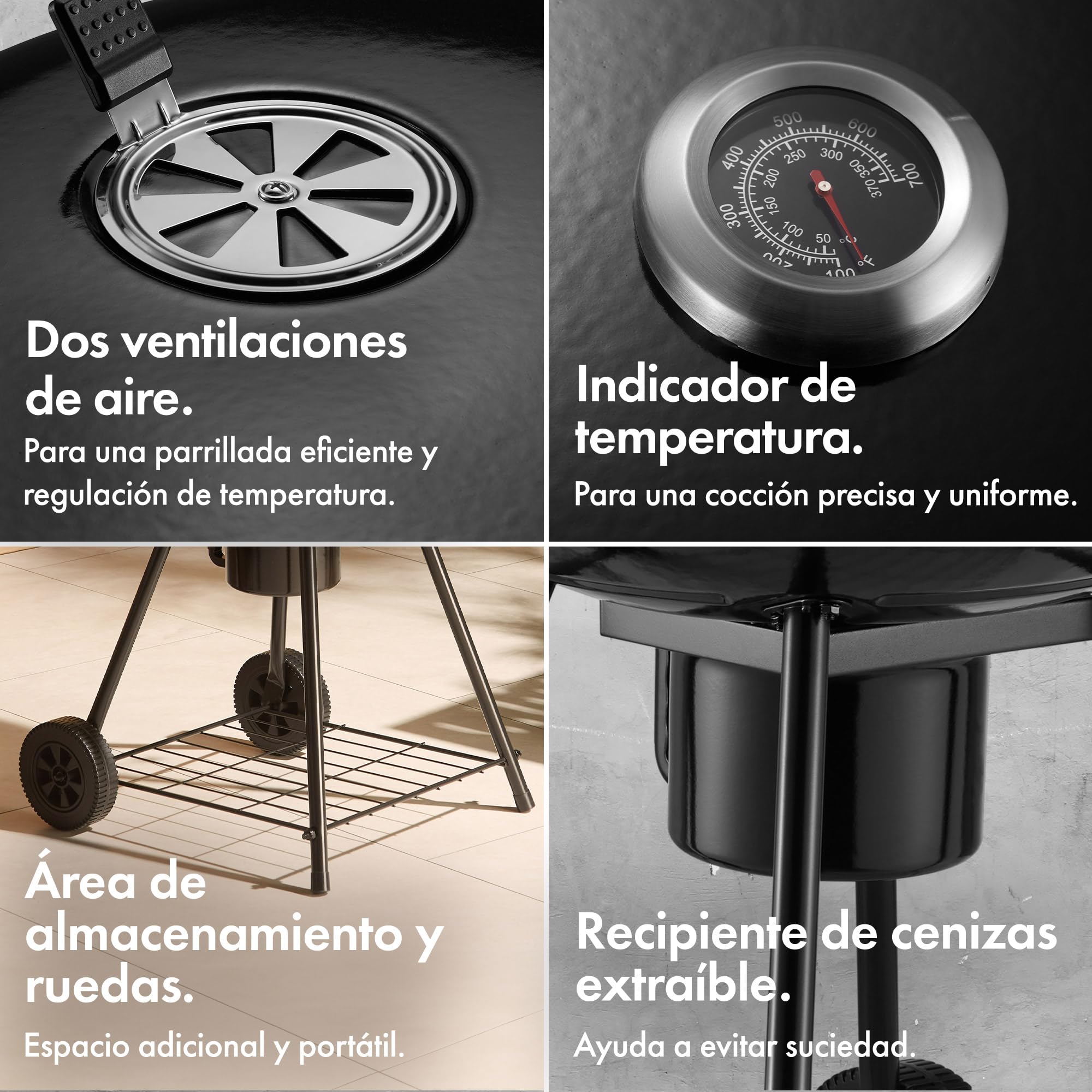 VonHaus Barbacoa de Carbón 22.5" – Barbacoa Portátil con Parrilla de Calentamiento, Termómetro, Estante, Ruedas, Tapa con Cierre, Recipiente de Cenizas y Parrilla Grande para Carne y Verduras