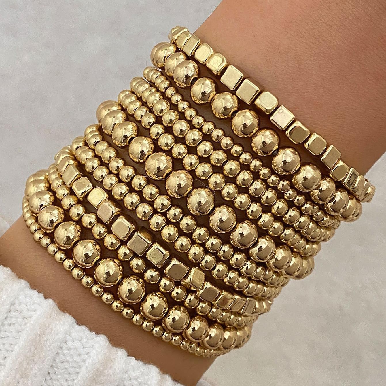 Gold Beaded Stackable Bracelet Set for Women Multilayer Beaded Stretch Bracelet Adjustable Round Beads Bracelets Golded Statement Jewelry Gift for Women - Image 2