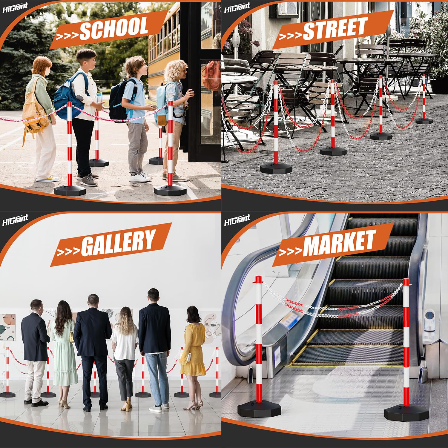 HiGiant 2 Pack Portable Delineator Post Cones with Fillable Base, Expandable Traffic Safety Barriers, 8Ft Chain Stanchion for Parking and Construction [Red/White]