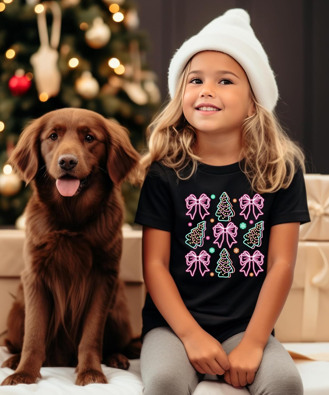Electric Neon Gift Bows and Christmas Trees Shirt for Women Teens and Girls Festive Holiday Tee