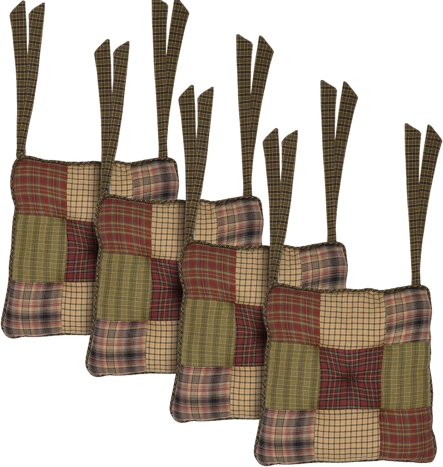 VHC Brands Tea Cabin Chair Pad Patchwork Log Cabin Country Rustic Lodge Design, Moss Green and Deep Red, Set of 4