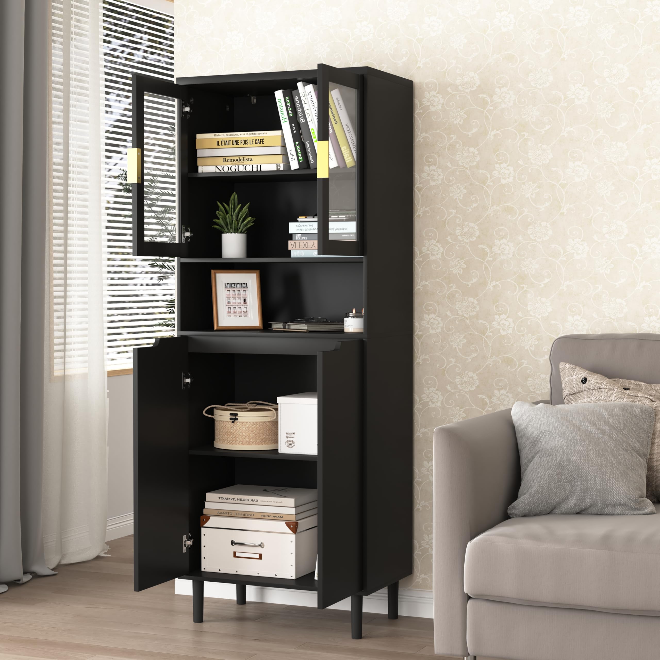 LUMISOL Storage Cabinet with 2 Glass Doors, Solid Wood Accent Cabinet with Gold Handles, Modern Cabinet Freestanding for Study Room Living Room, Save