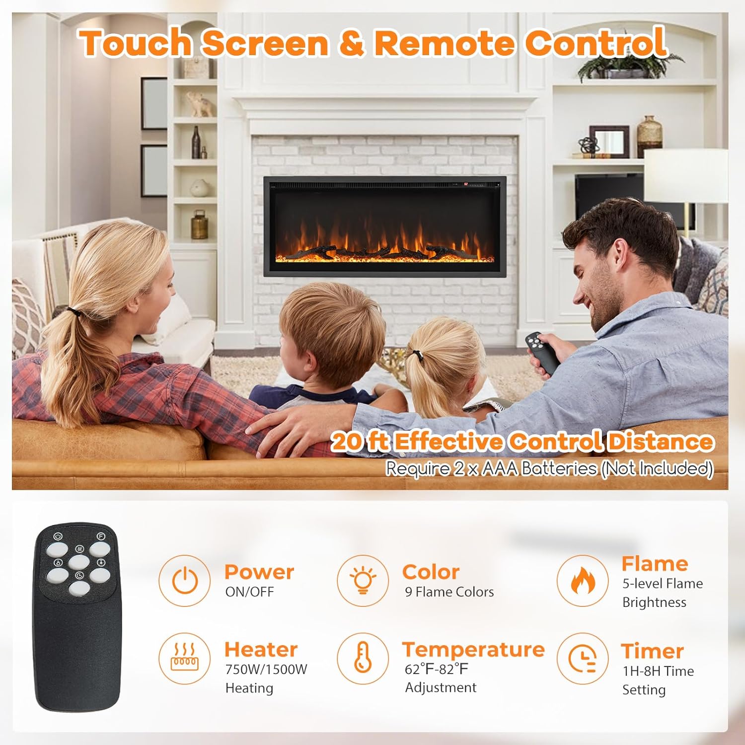 ORALNER Electric Fireplace, 42" Wall-Mounted & Recessed, Free Standing Linear Fireplace Heater, 9 Flame Colors & 5 Adjustable Brightness, Remote & 8H Timer, Crystal & Log Set, 750W/1500W (42 Inches)