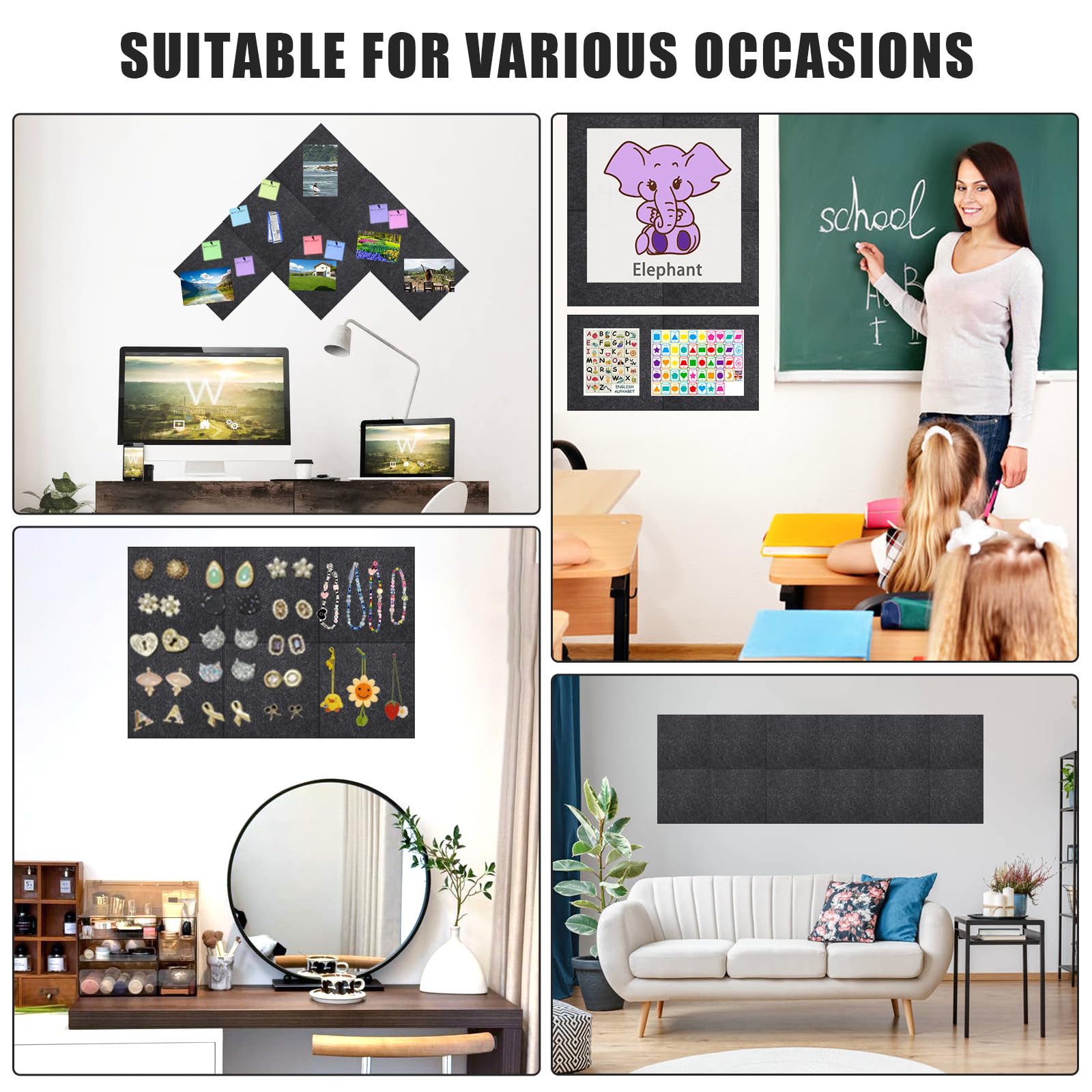 Lot de 12 tableaux d'affichage en liège avec 30 punaises amovibles pour la maison, le bureau, la cuisine, les photos, les mémos, 120 x 90 cm, gris foncé