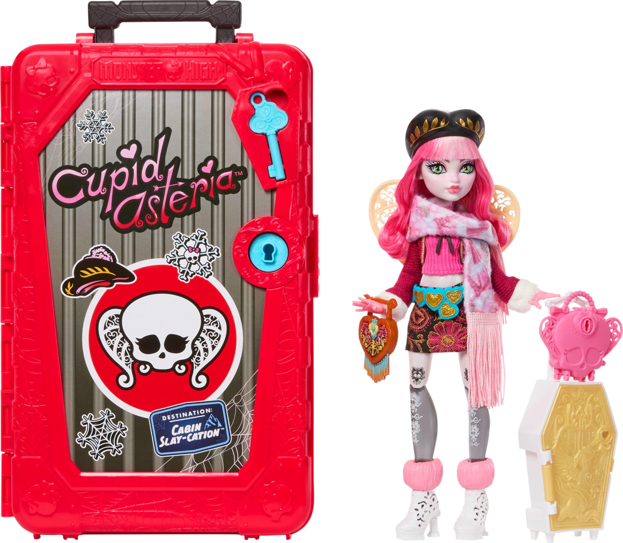 Monster High Skulltimate Secrets Cupid Asteria Muñeca Set | Destino: Cabin Slay-cation Set sorpresa con maleta y 19+ sorpresas como ropa y accesorios