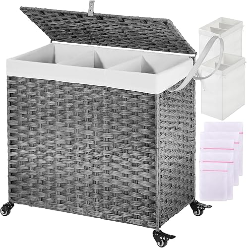 Greenstell Cesta de ropa con ruedas y tapa, 125 L grande de 3 secciones con 2 bolsas de forro extraíbles, 5 bolsas de malla para lavandería, cesta