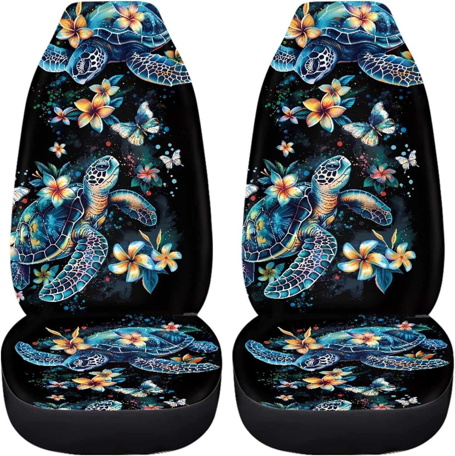 Sea Turtle Floral Print Car Seat Cover for Women Men,Universal Front Seats Protector Fit for Most Cars,Blue Turtle Car Interior Accessories Decoration