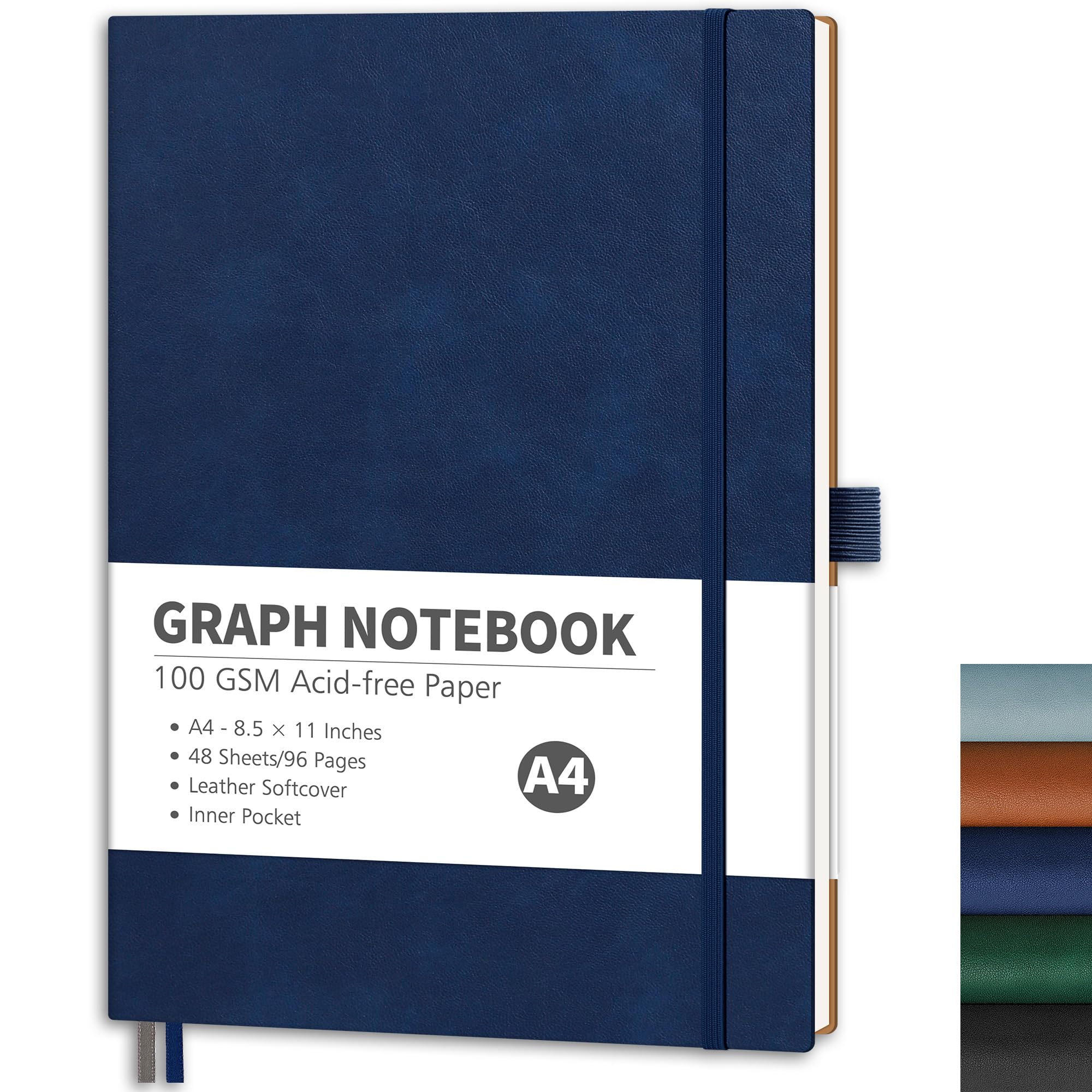RETTACY Graph Grid Paper Notebook, 96 Pages, A4 Large Size (8.5'' x 11''), 5 Squares per Inch, Leather Softcover, 100 GSM Thick Paper, for School, Students, Math, Engineering (Navy Blue)