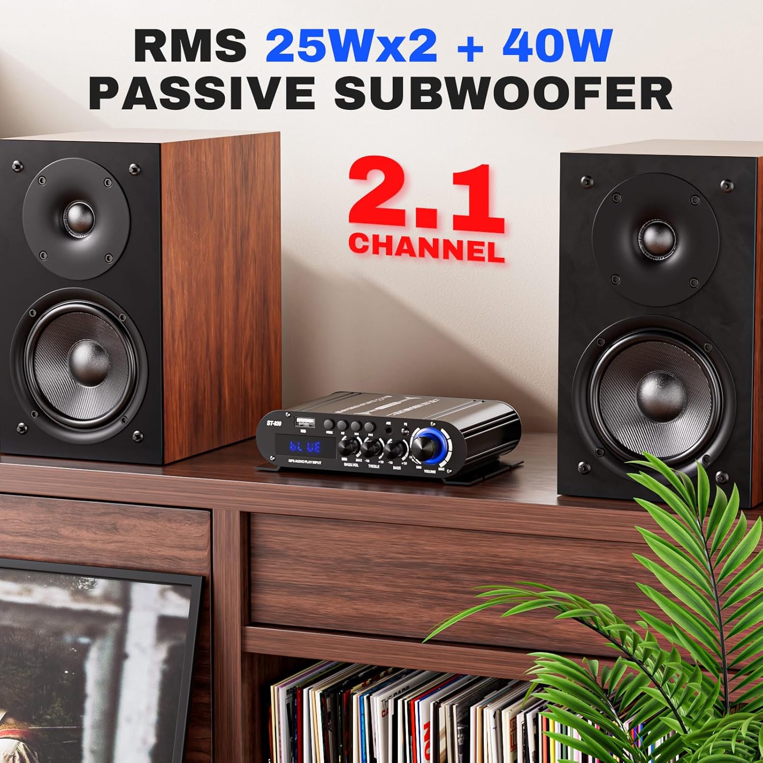 Facmogu ST-839 amp앰프가 두 개의 북쉘프 스피커와 패시브 서브우퍼에 연결되어 2.1 채널 구성을 보여주는 그림입니다.