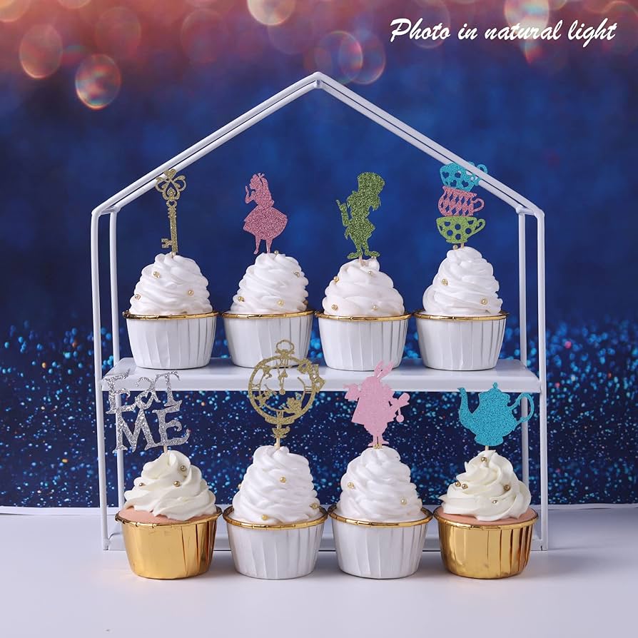 Gyufise 36Pcs Alice Cupcake Toppers Butterfly Flower Bowl Key Clock Eat Me Cupcake Picks Tea Party Cake Decorations For Baby Shower Birthday In
