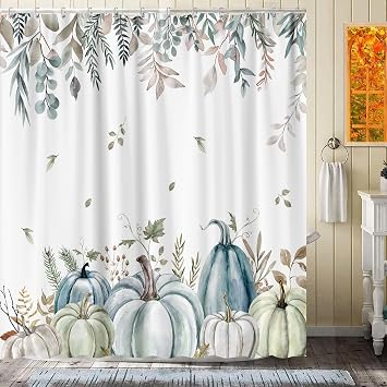 Fall Pumpkin Shower Curtain, Autumn Thanksgiving Harvest Shower Curtain for Fall Bathroom Decorative Sets, Cute Teal Blue Boho Pumpkin Leaves Shower Curtain Set Fabric Polyester 72X72 with Hook