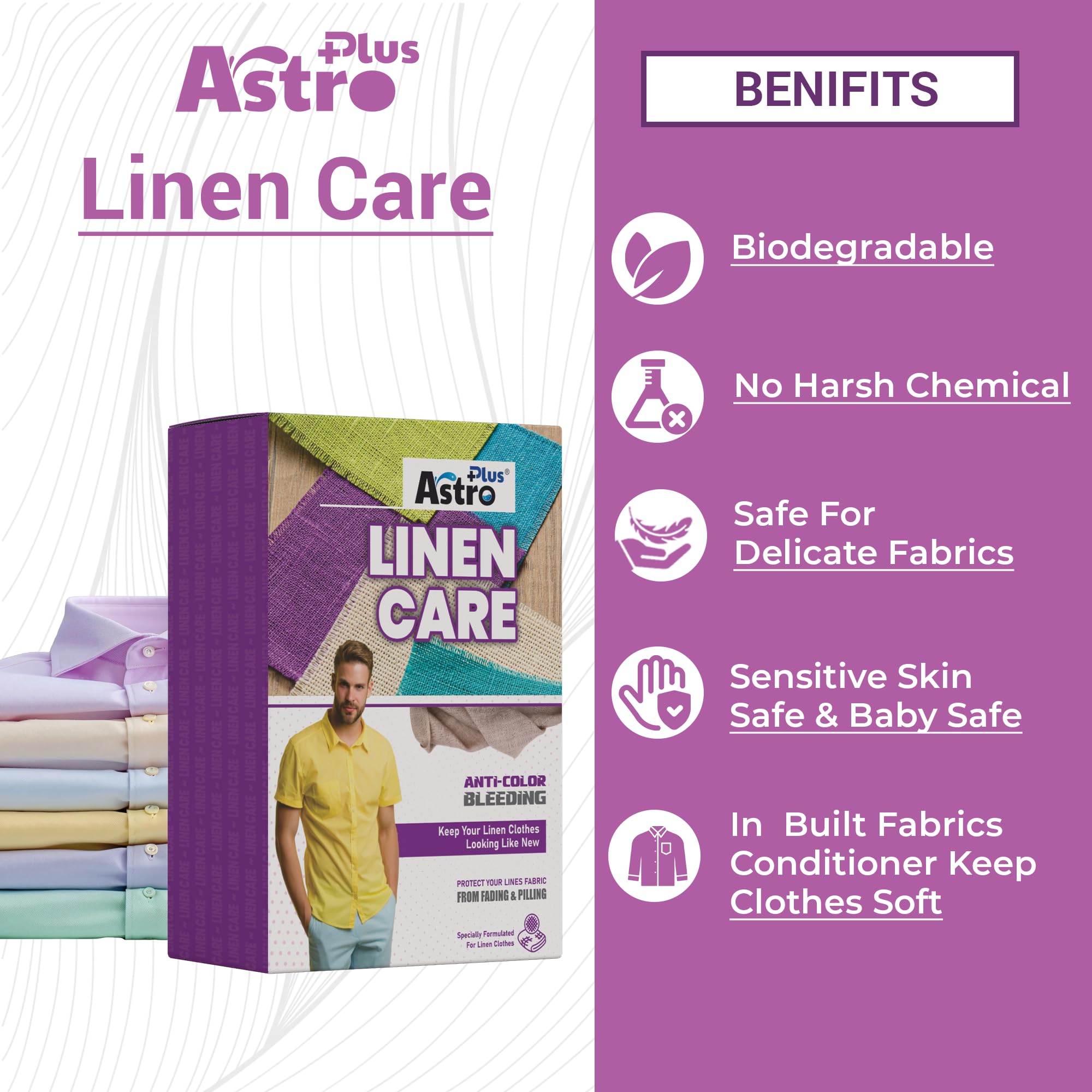 Astro Plus+ Linen Care Best Washing Liquid-Detergent – Gentle, Eco-Friendly Cleaner for Delicate Linen Fabrics – Powerful Stain Removal (5 Pouch x 40 ml each)