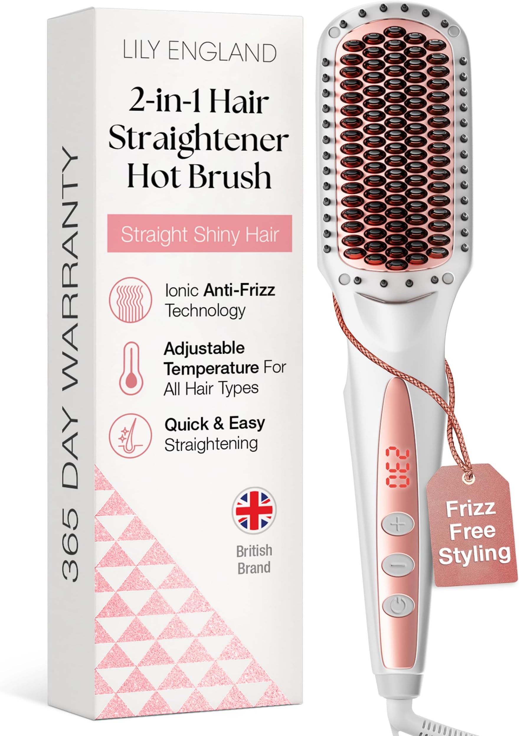 Ionic Hair Straightener Brush for Women - Anti-Scald Design with Fast Heating Adjustable Temperatures Ranging from 80-230 °C - Hot Straightening Brush for Hair Styling in Rose Gold