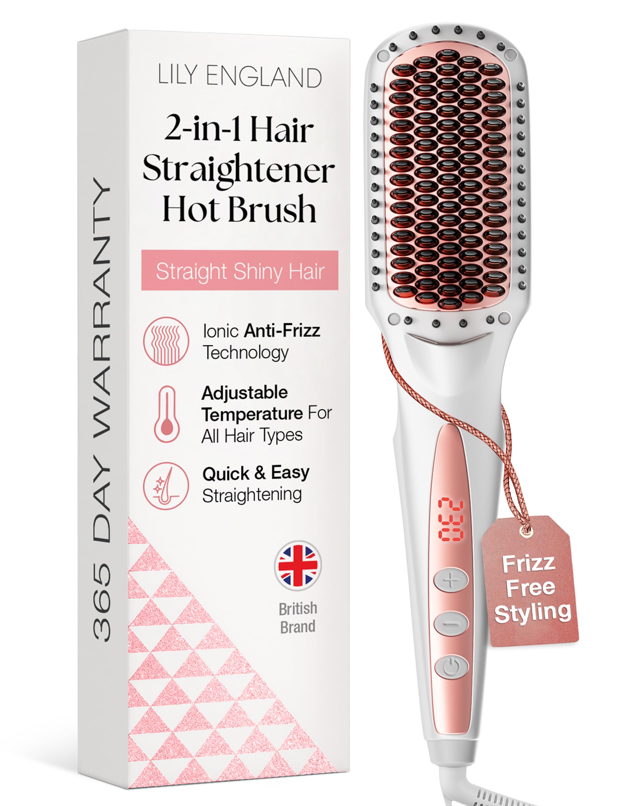 Lily EnglandIonic Hair Straightener Brush for Women - Anti-Scald Design with Fast Heating Adjustable Temperatures Ranging from 80-230 °C - Hot Straightening Brush for Hair Styling in Rose Gold
