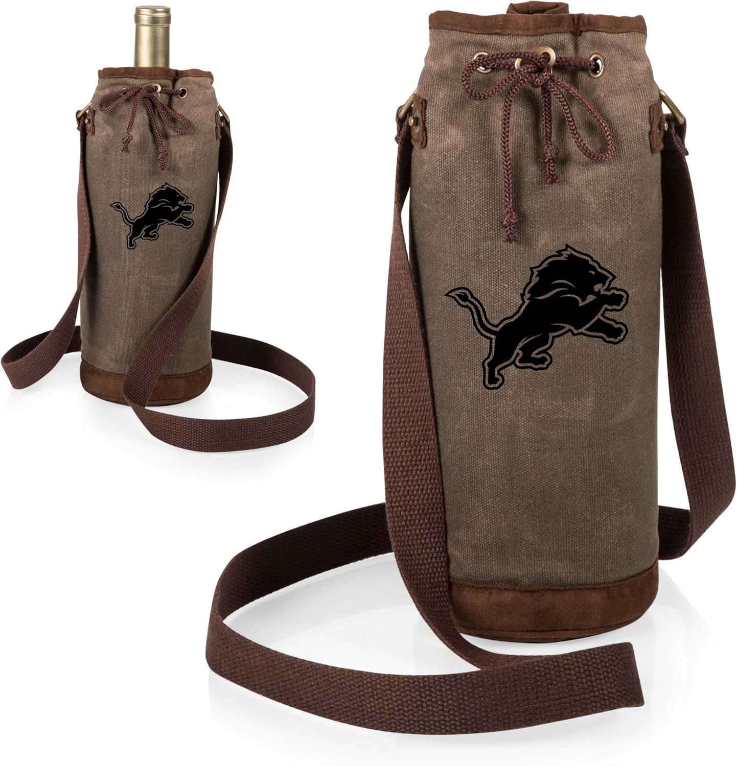 PICNIC TIME NFL Distressed Waxed Canvas Wine Tote, Single Bottle Insulated Bag, Bottle Carrier, Wine Gift Bag, Khaki Green