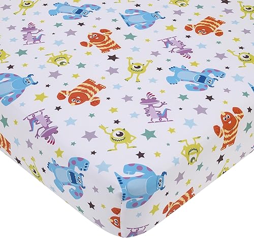 Disney Monsters Inc. - Sábana bajera ajustable súper suave para cuna, azul, verde, naranja y blanco, Sully and Mike