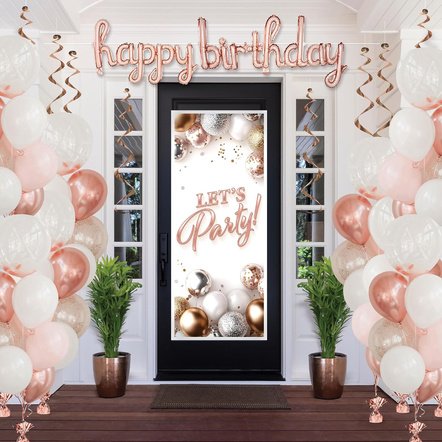 Beistle Rose Gold Birthday Décor Bundle – 12 Metallic Balloon Weights & Script “Happy Birthday” Balloon Streamer, Elegant Modern Celebration Decorations for Chic Parties, Events & Special Occasions