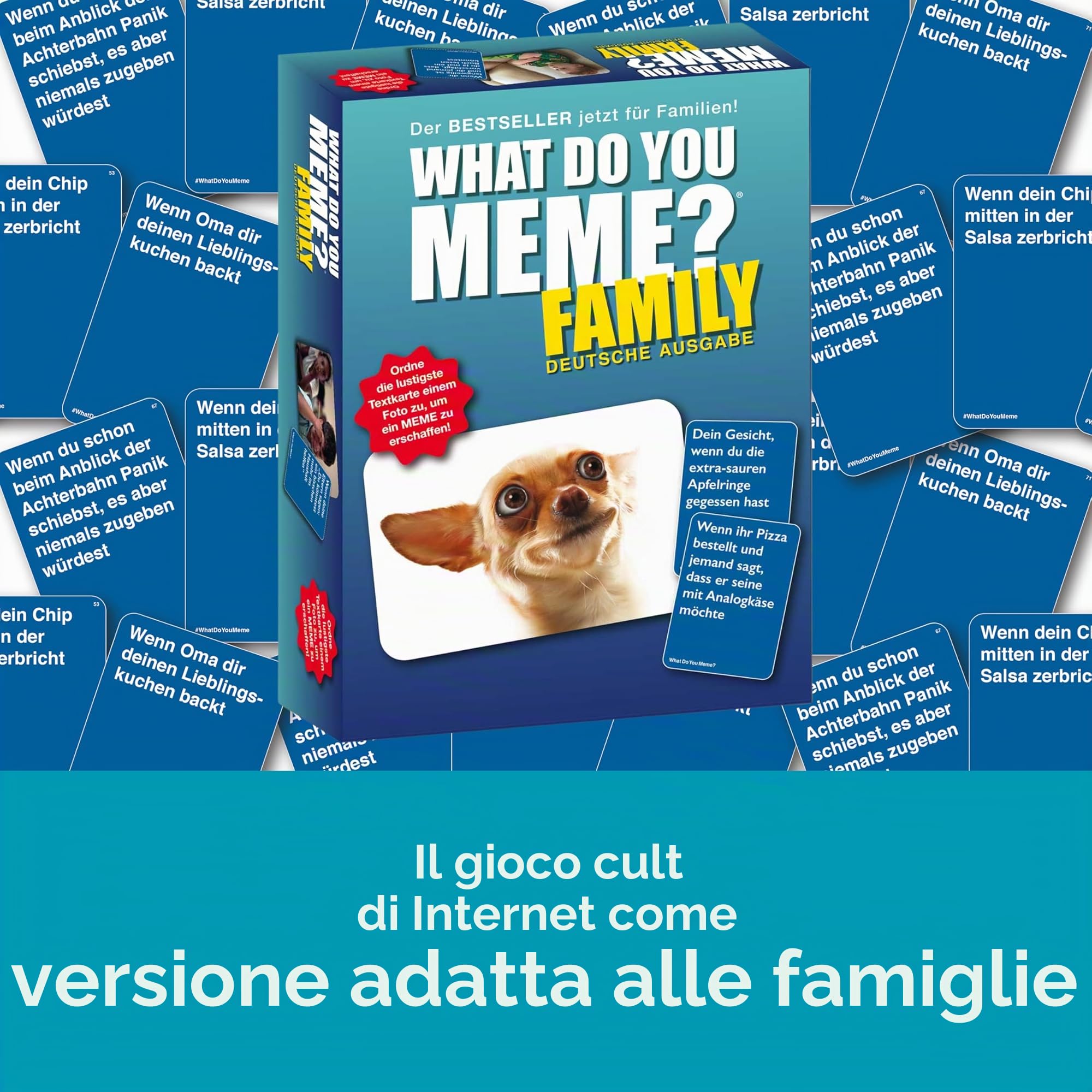 HUCH! | 882592 | What DO You Meme? Family | edizione tedesca gioco di famiglia | gioco per feste | per 3-20 giocatori a partire dagli 8 anni | con molti nuovi meme per un divertimento ancora più