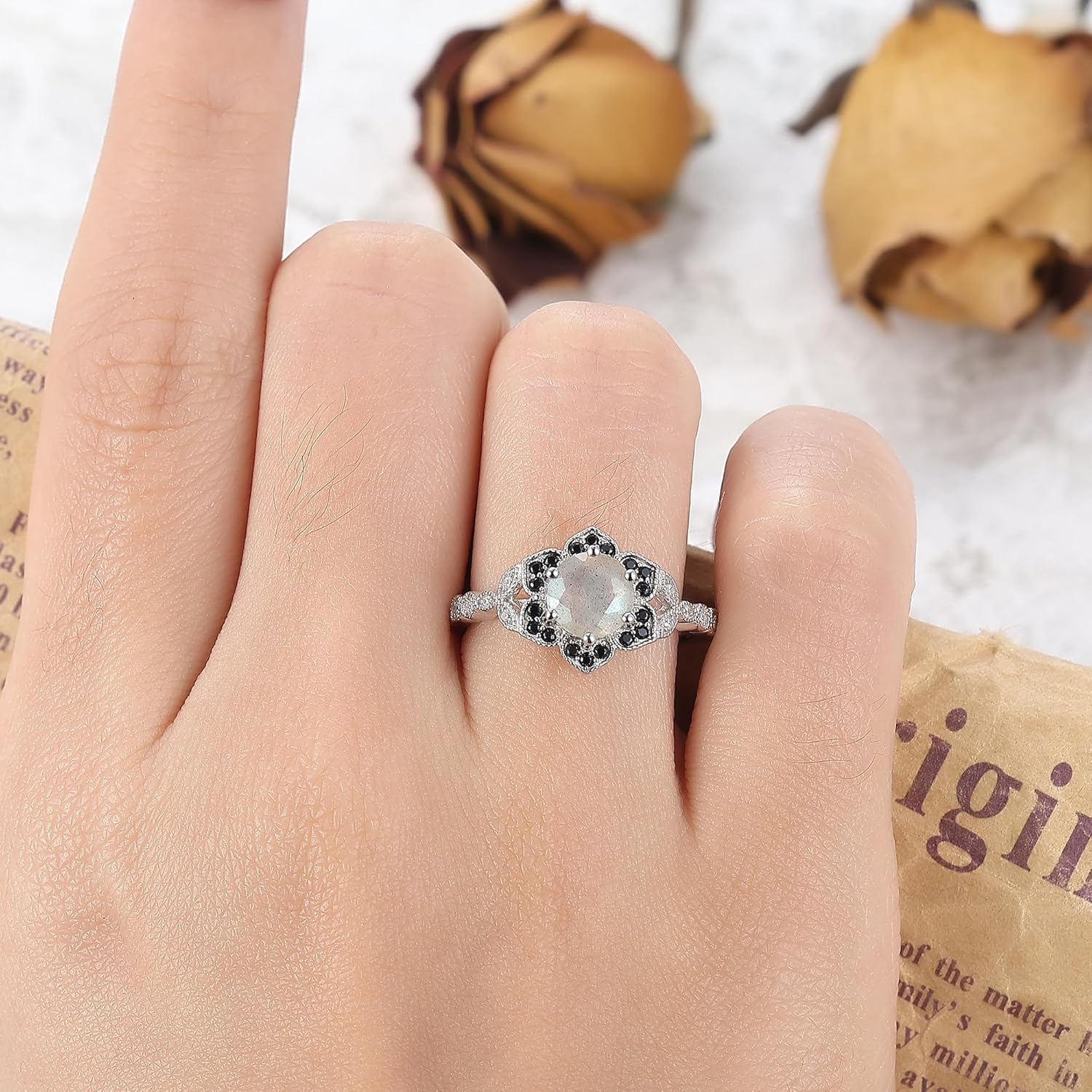 Bridal Engagement Wedding Rings for Women Round Natural Black Rutilated Quartz/Blue Topaz/Amethyst/Labradorite/Herkimer Diamond 6.5mm Victorian 925 Sterling Silver Promise Ring for Her Size 4-9