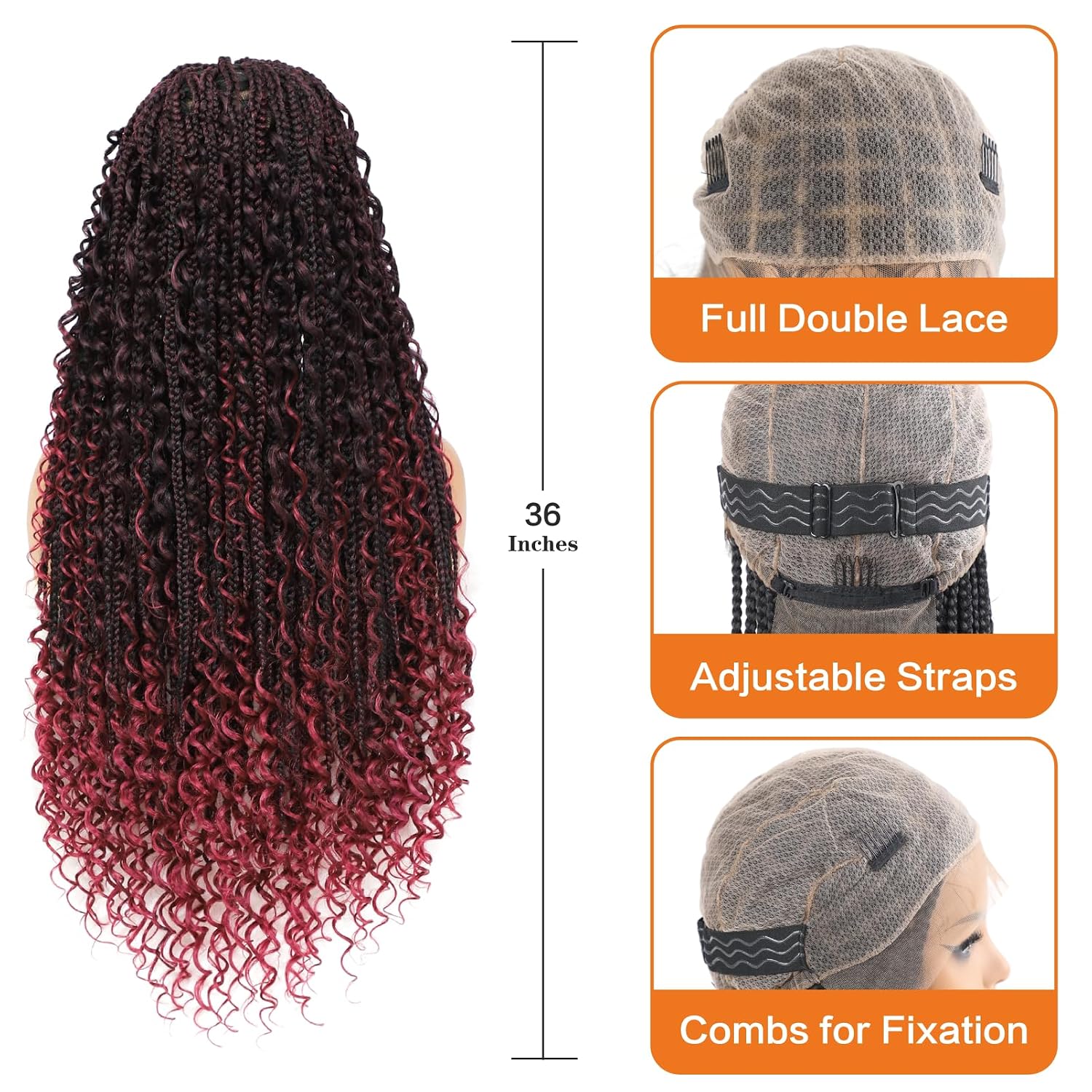 Boho Knotless Braided Wigs for Black Women Bohemian Box Braided Wigs Double Full Lace Braided Wigs with Baby Hair Synthetic Boho Braid Wig Burgundy Red 36Inch（BUG）