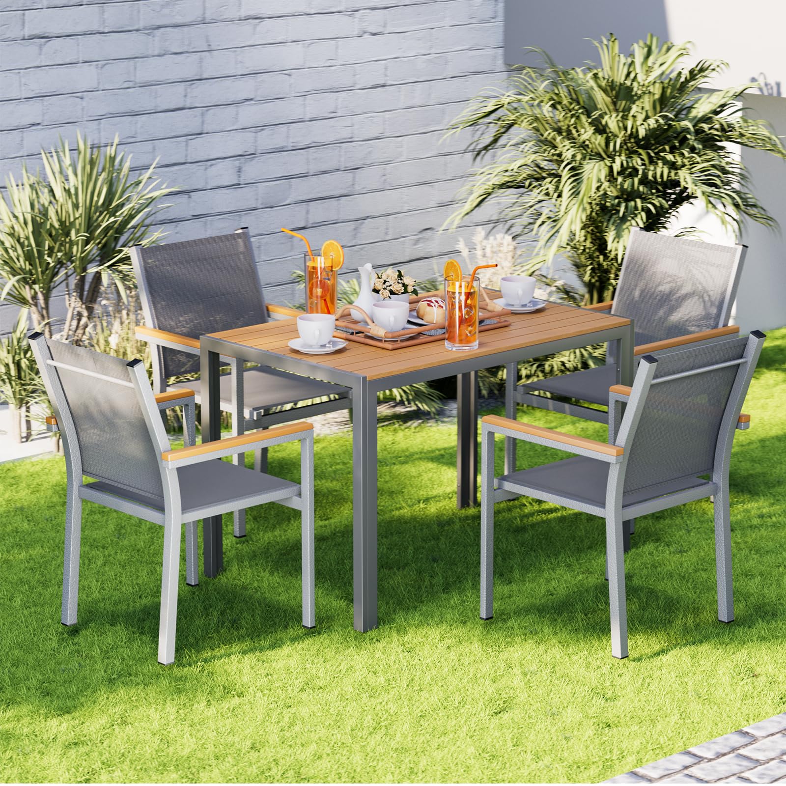 LIFERUN Krzesła ogrodowe, zestaw 4 sztuk, aluminium, możliwość układania w stos, tekstylne, poręcz WPC, krzesła balkonowe, na taras, balkon, taras, basen, do restauracji, odporne na warunki