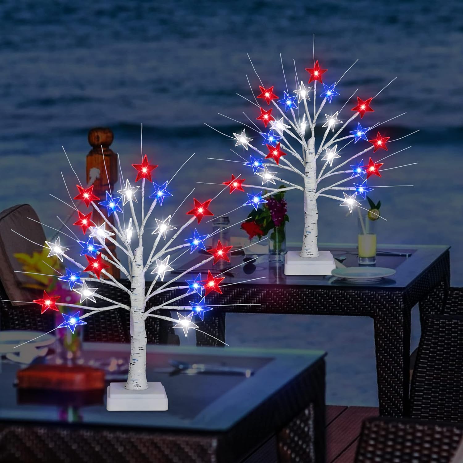 [Timer] 2 Pack 18 Inch 4th of July Patriotic Decorations Tree Light with 24 LED Red White Blue Star Lights, USB/Battery Operated Fourth of July Independence Day Lighted Tree for Home Table Party Decor