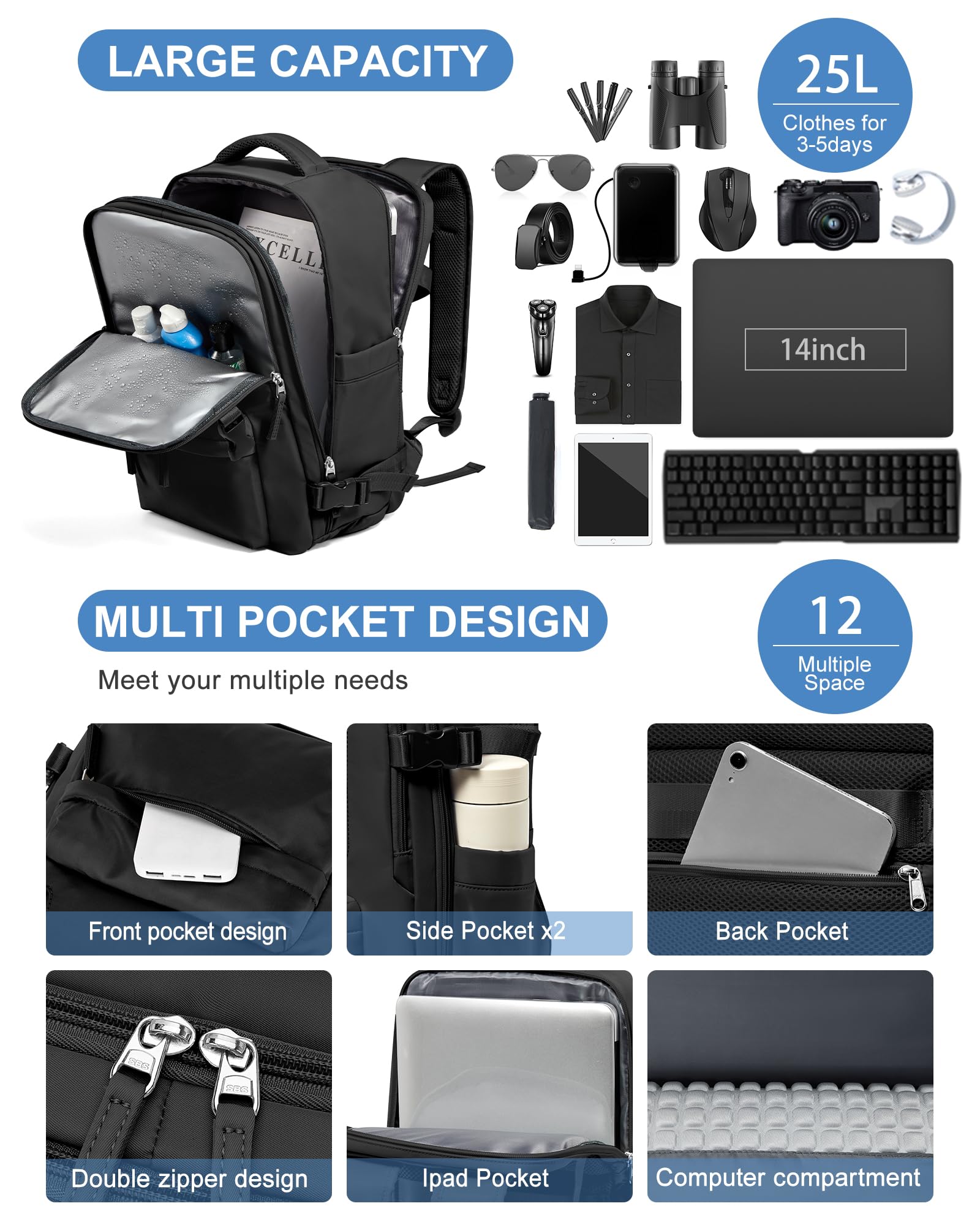 BJLFS Borse da Cabina per Ryanair 40×20×25 Zaino da Viaggio con Sottovuoto Bagaglio a Mano Easyjet 45×36×20,Zaino con sistema di compressione,Zaino Casual per laptop da 14 pollici per scuola