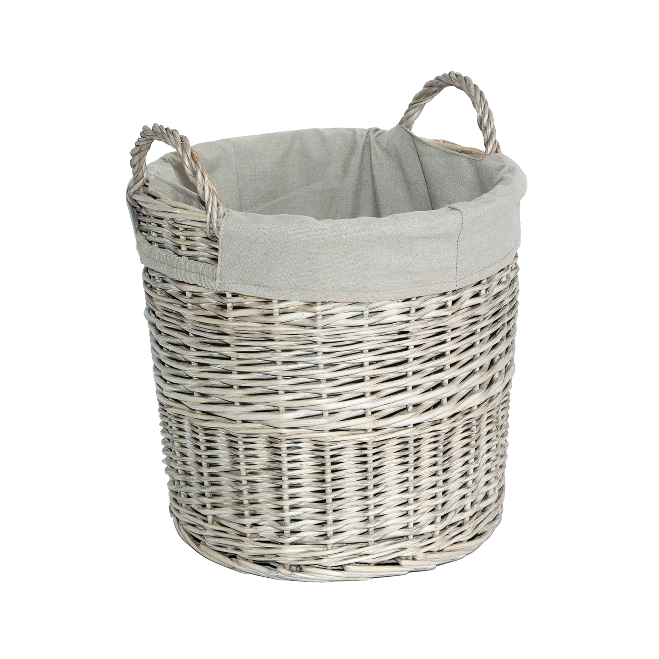 Wickerfield Round Wicker Laundry Basket with Lining, Large Storage Basket with Handle, Home Storage for Washing, Toys, Nursery (Grey Wash, Round, Medium)