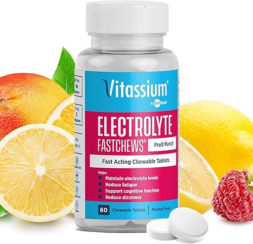 Vitassium FastChews con electrolitos para reabastecimiento de sodio y potasio, botella de 60 comprimidos FastChews, Fruit Punch