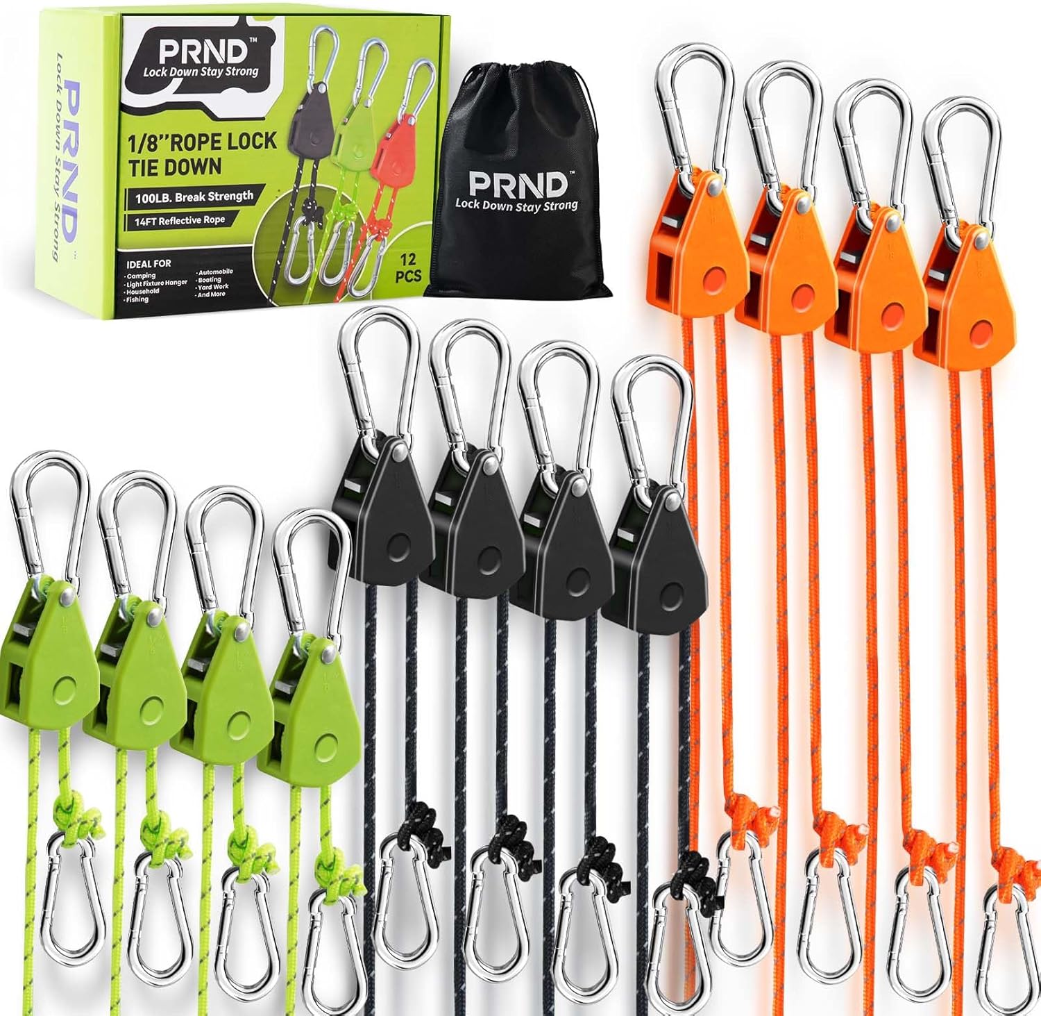 PRND 12-Pack 1/8" Heavy Duty Ratchet Rope Hangers - 14FT Adjustable Pulley System with Reinforced Metal Gear for Camping, Grow Lights and Outdoor Hanging (Black+Green+Orange, 12-Pack 1/8" 14FT)