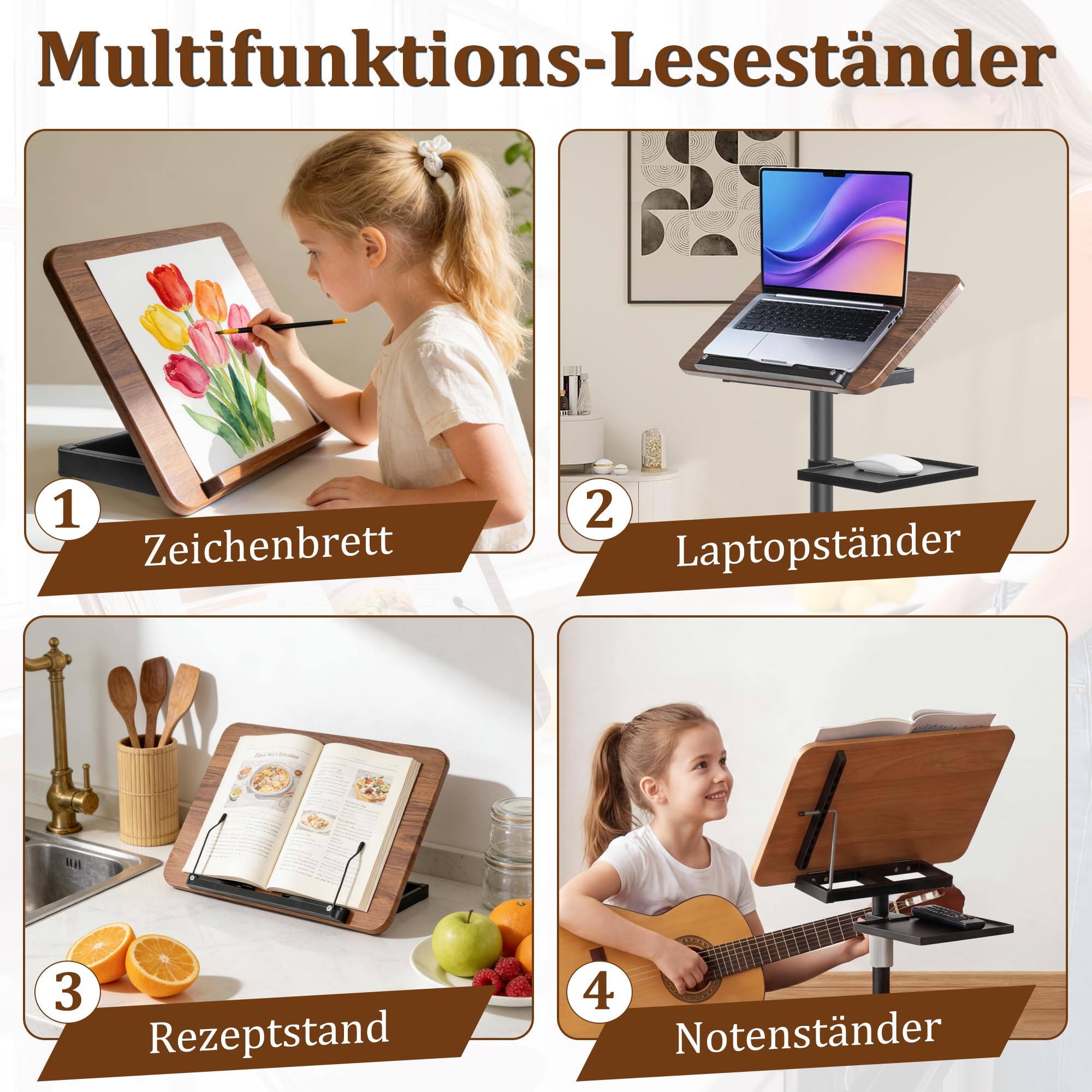 2 in 1 Verstellbarer Buchständer, Höhenverstellbar 50-130cm,Schwarz | Dual-Use Boden & Schreibtisch-Buchhalter, Holz-Kochbuchhalter mit Seitenclips, für Musikblatt, Rezept, Laptop
