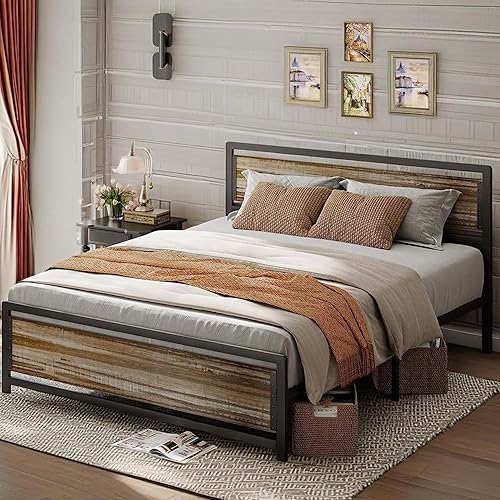 Gizoon Base de cama industrial Queen con gran almacenamiento debajo de la cama, cabecera de madera y estribo con remache, plataforma de metal