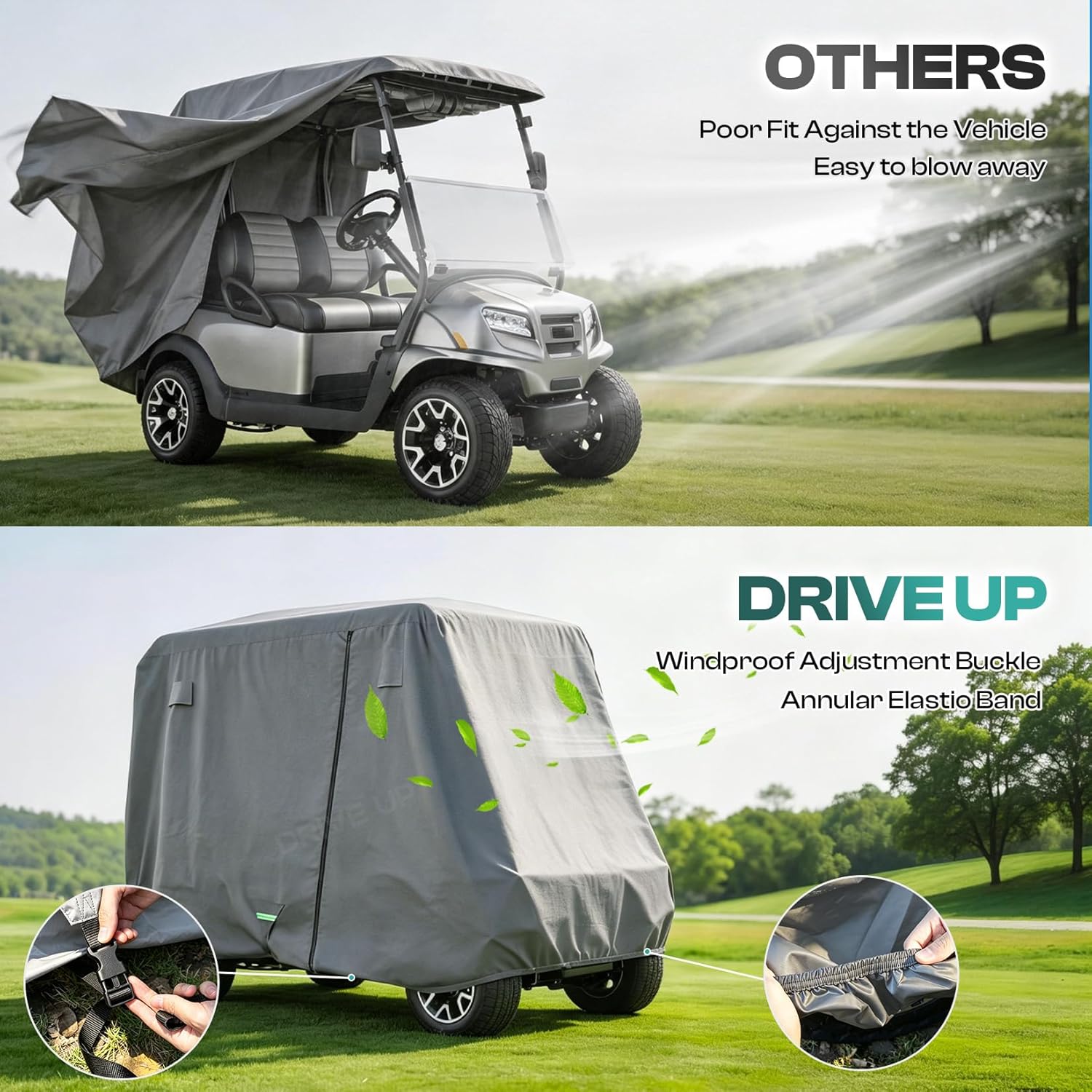 DRIVE UP 420D/620D Golf Cart Cover Fits for Yamaha Club Car EZGO 2/4 Passenger Golf Carts, Waterproof Durable Polyester Cover with Zipper Doors