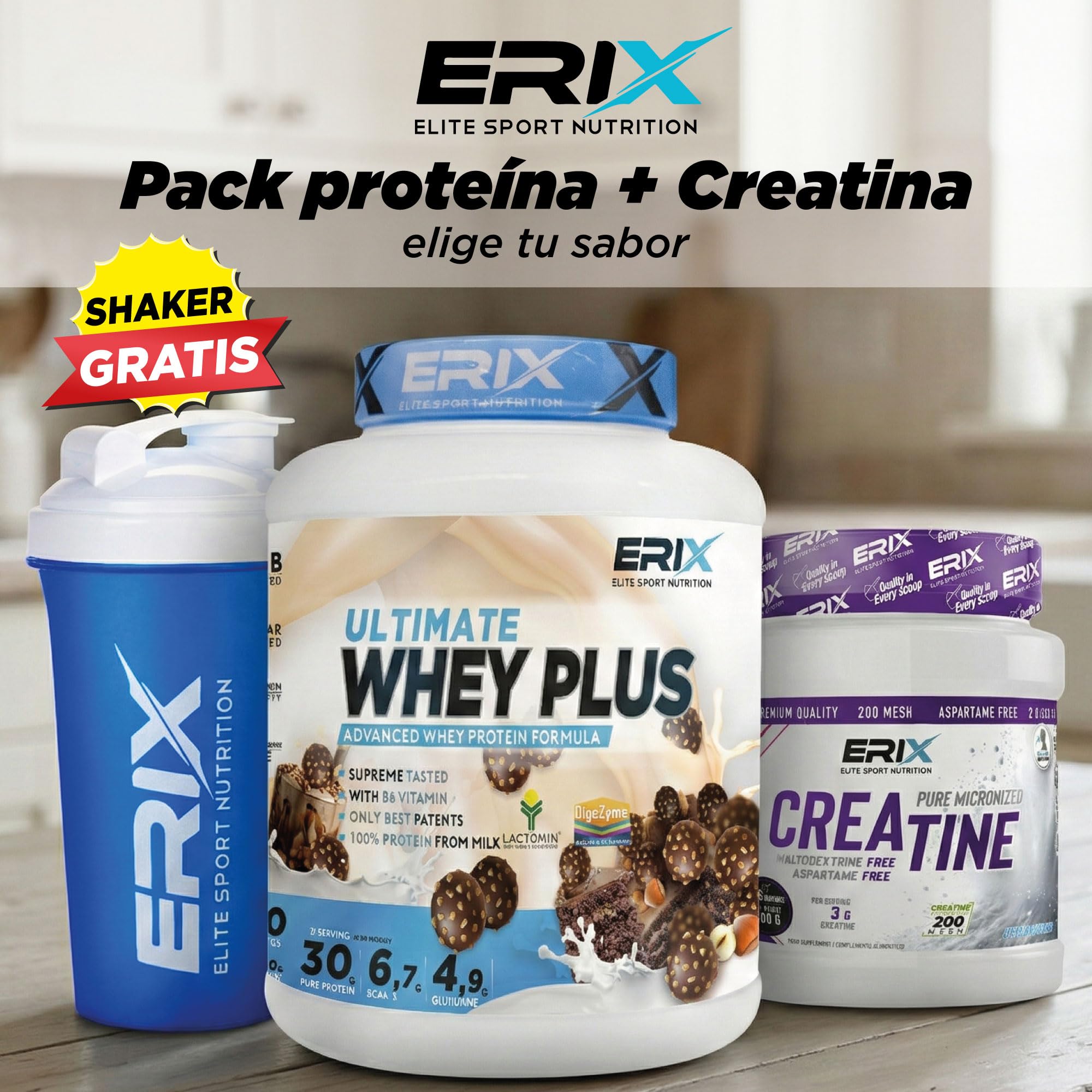 ERIX Nutrición Pack Whey Plus Ultimate 2Kg, Sabor Yogur Griego con Arándanos+ Creatina Monohidrato Neutra 500g+ Shaker Azul, Proteína Concentrada de Suero Leche, Aumento Fuerza, Recuperación Muscular