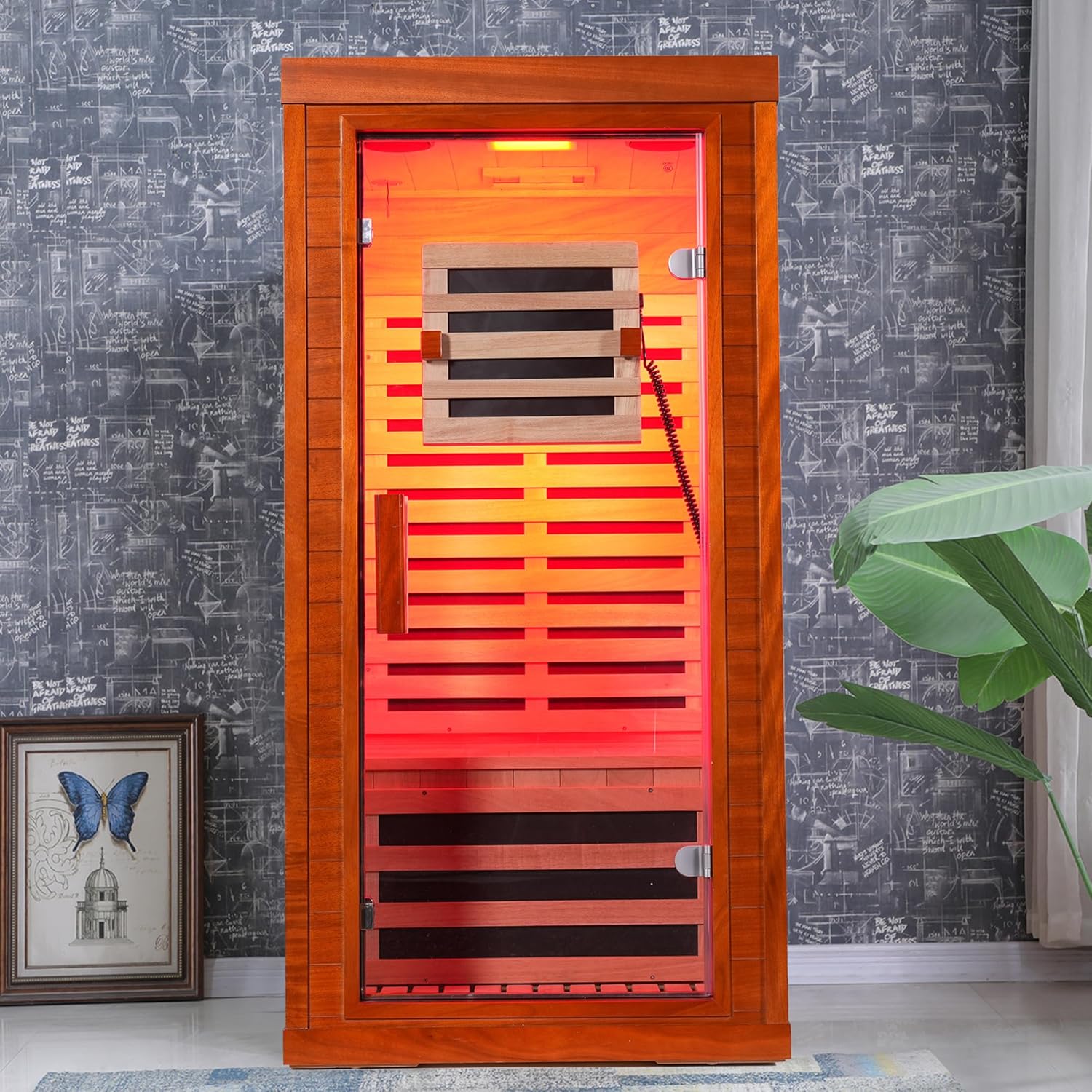 1-Person Far Infrared Sauna for Home, Low EMF Okoume Wood Sauna Room with Full Spectrum Infrared & 660nm/850nm Red Light Therapy, 7 Chromotherapy Lights, Bluetooth Speaker, LCD Touch Control