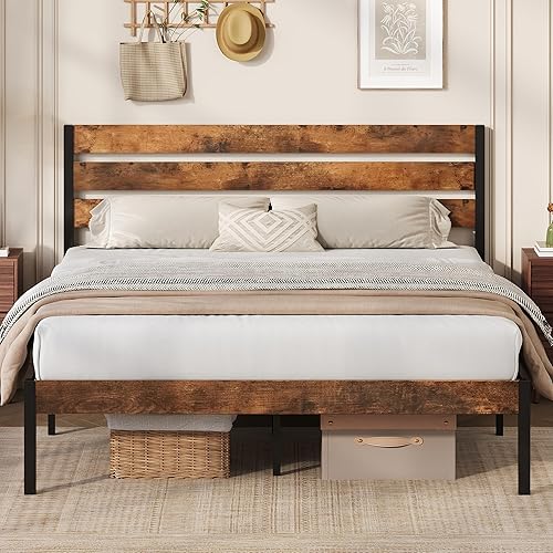 WLIVE Base de cama Queen con cabecero, base de cama de plataforma de metal con almacenamiento debajo de la cama, base de colchón de 1500 libras, no