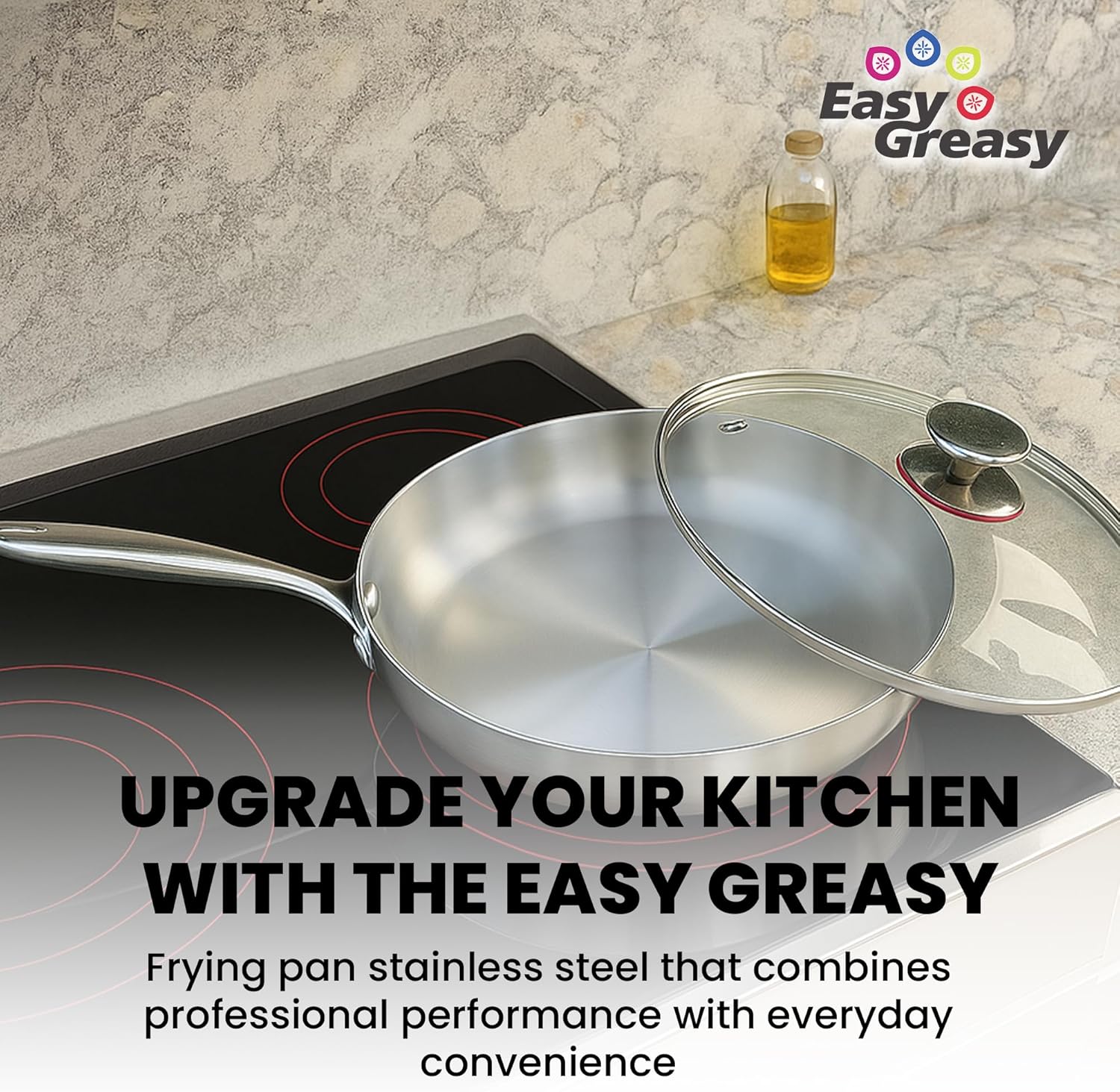 12 Inch Stainless Steel Skillet with Lid - Durable Frying Pan Ergonomic Handle - Oven Safe, Easy to Clean, & Scratch-Resistant Saute Pan