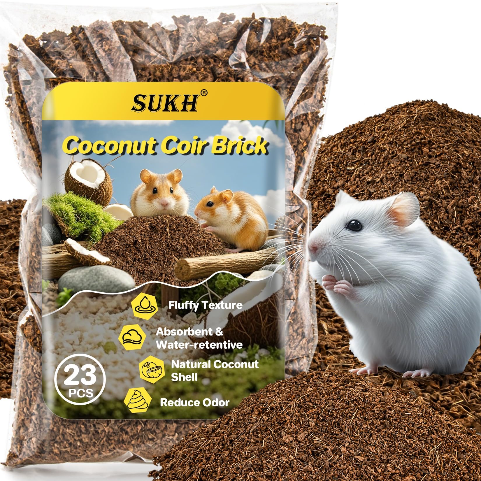 Sukh Natural Coconut Husk Bedding for Hamsters - Organic Coco Coir Substrate, Odor Control & Burrowing Friendly Small Pet Litter for Syrian Dwarf Hamsters, Gerbils, Degus