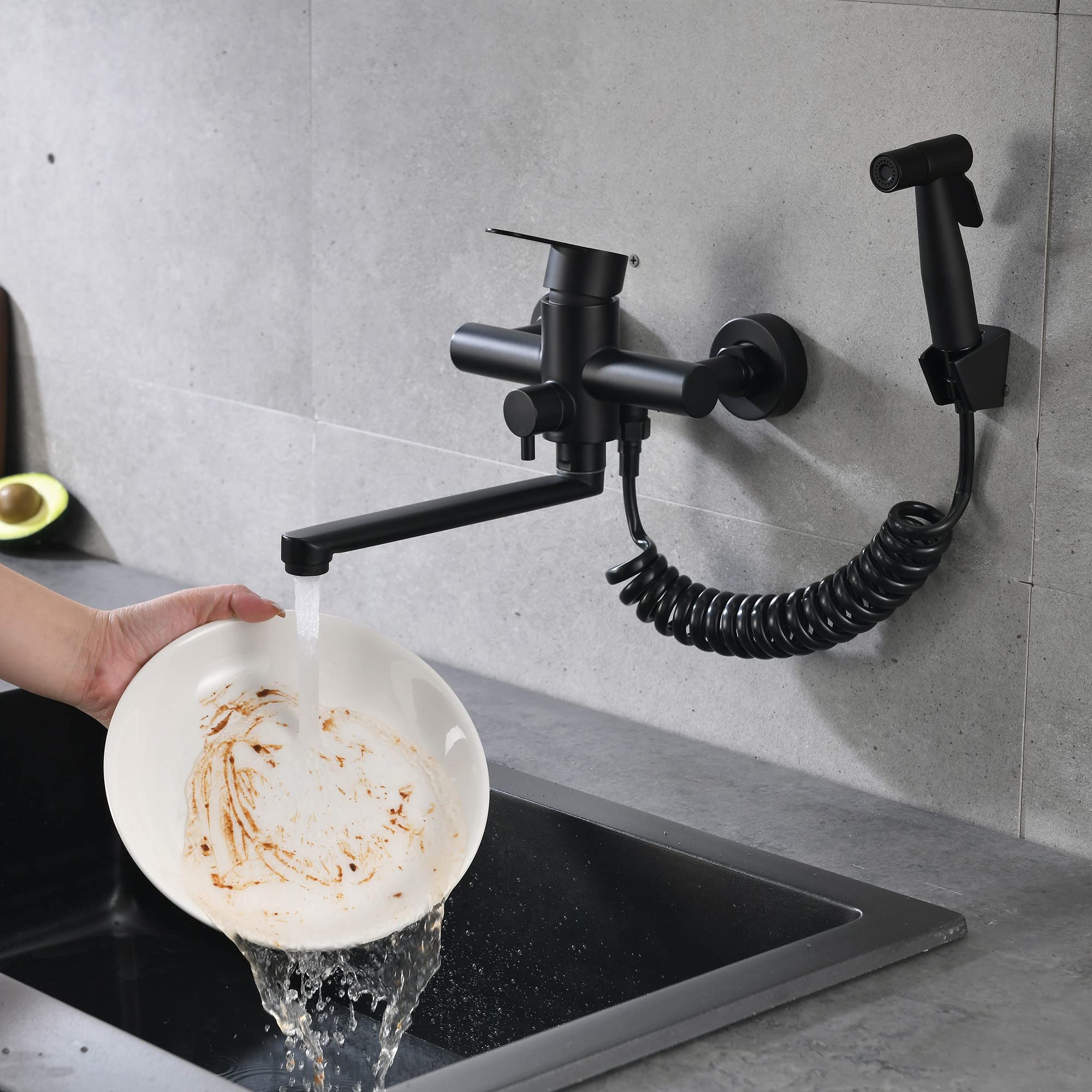 rubinetto da parete per cucina,Rubinetto per cucina a muro, Rubinetto da cucina con pistola girevole a 360°(Nero)