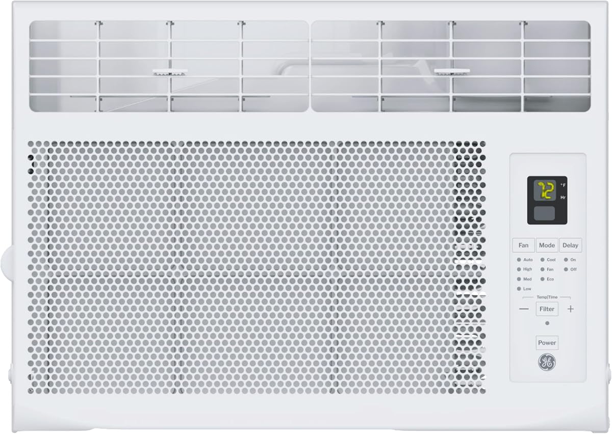GE 6000 BTU Aire acondicionado electrónico de ventana, enfría habitaciones de hasta 250 pies cuadrados, controles digitales con control remoto, modo de ahorro de energía, temporizador de 24 horas, kit de fácil instalación incluido, color blanco