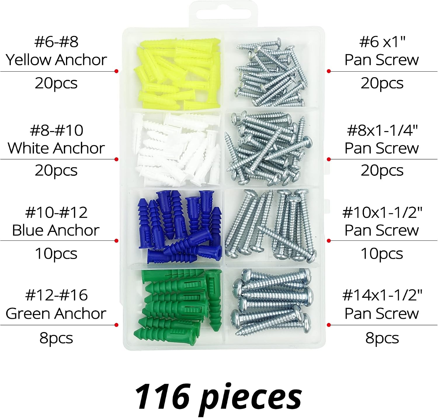 HASWARE Plastic Drywall Wall Anchors Screw Assortment Kit 116PCS-Includes 4 Different Size Anchors and Screws,Wall Plug Bolts Expansion Bolt for Wallboard Concrete Pciture Hanging