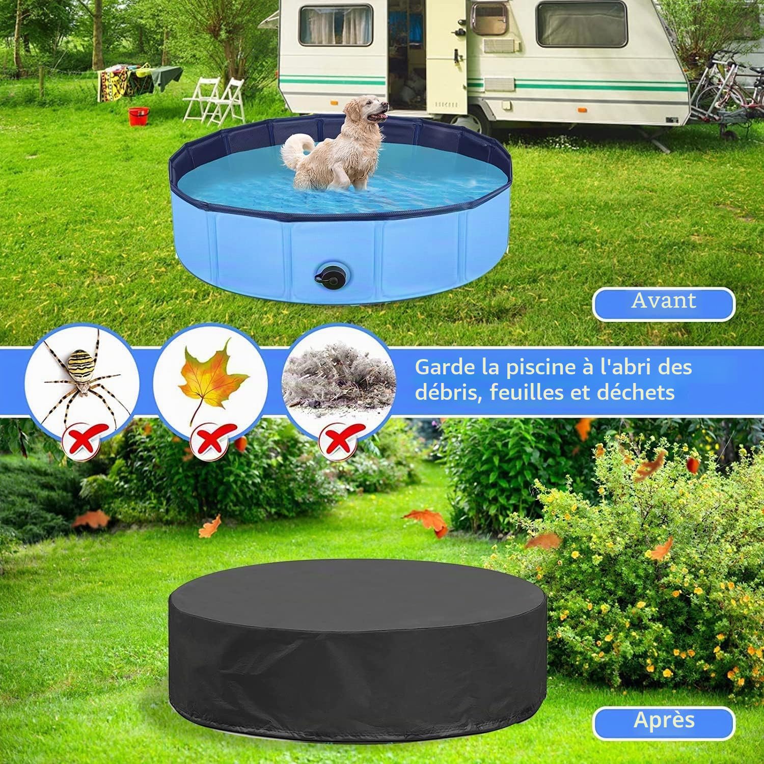 Couverture de Bache Piscine Ronde,Couverture de Piscine pour Chien,Bache Piscine Ronde avec Cordon de Serrage,Imperméable à l'eau et à la Poussière(120 * 30cm)