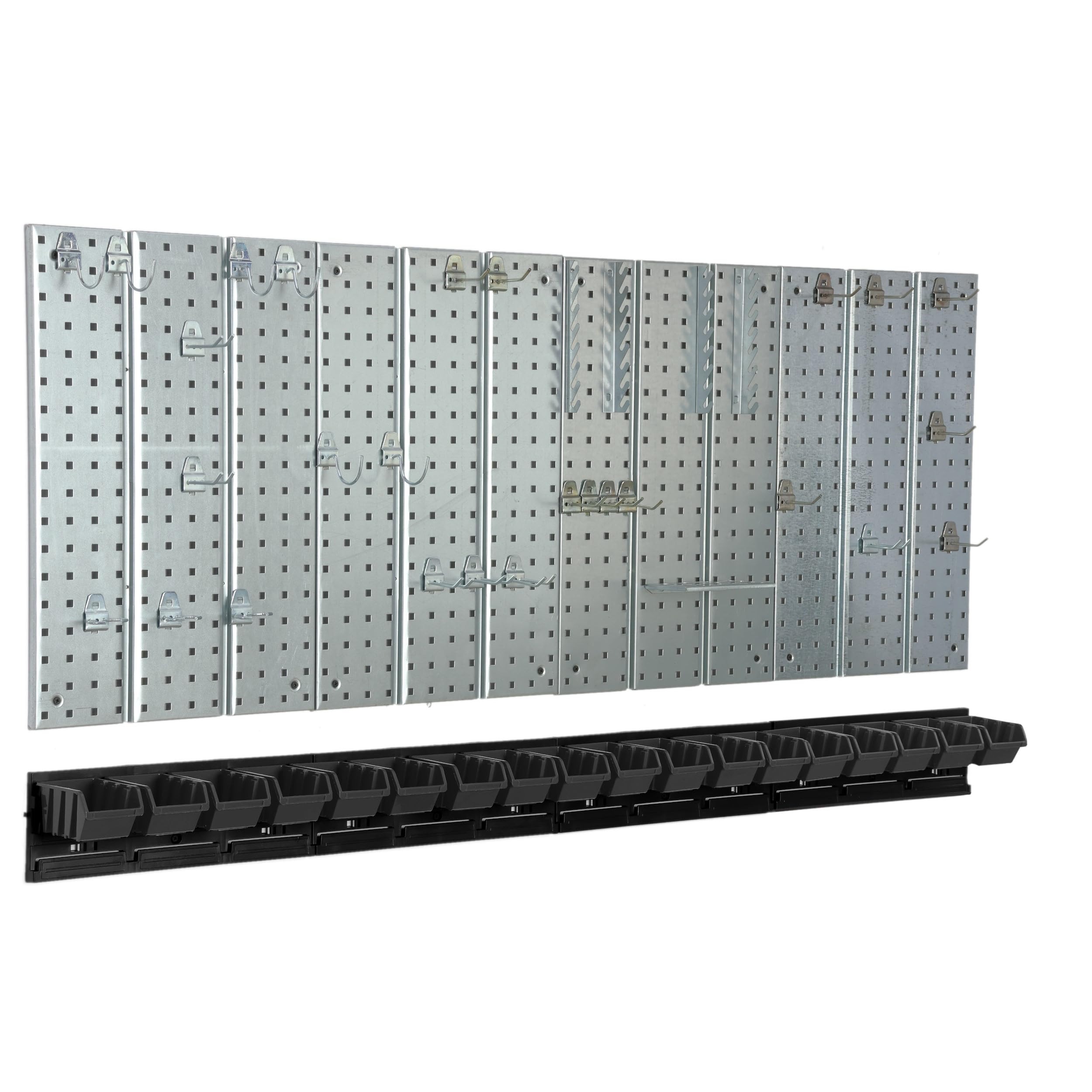 Metalowa ścianka narzędziowa 156 x 72 cm, system przechowywania z uchwytami na narzędzia, hakami narzędziowymi i 18 pudełkami do układania w stos 80 x 115 x 60 mm, kolor: czarny, deska perforowana do